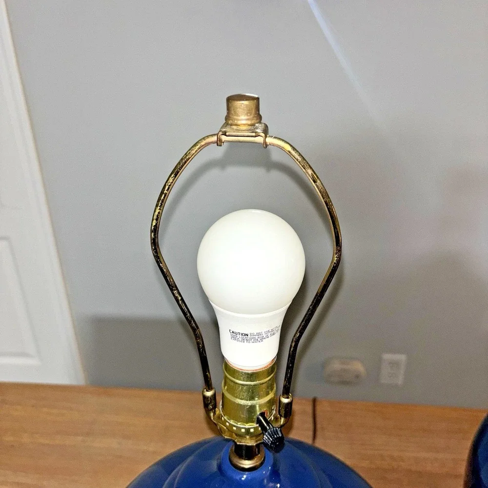 Blue Glass Table Lamps MCM Bulbous Ginger Jar 3 Way Vintage 22